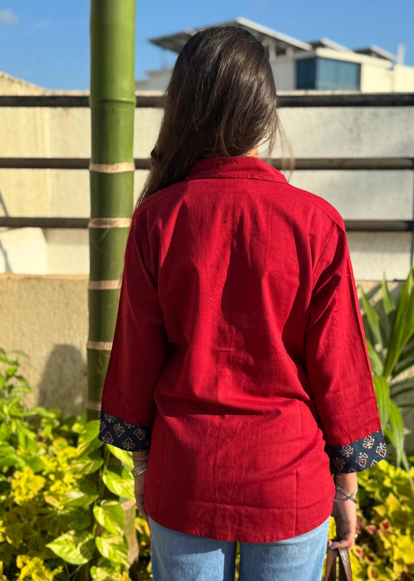 Ruby Red with Square Patchwork Ajrakh Handblock Fusion Shirt