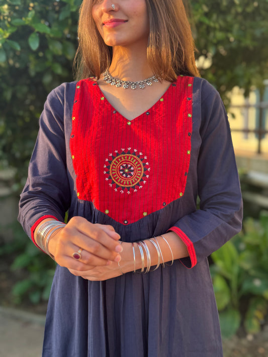 Classic Navy Blue Coordset with Red Patch Handwork