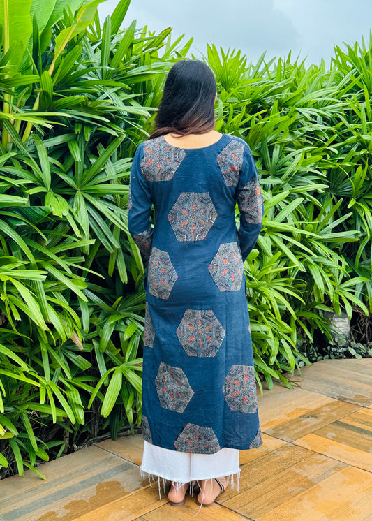 Indigo Straight Kurta with Hexa Ajrakh Motifs