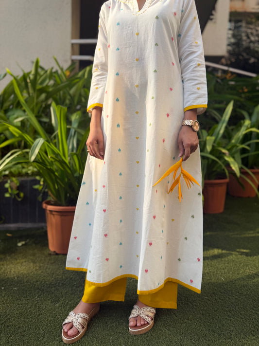 Heart Printed A-Line handloom Kurta with Mustard Pants