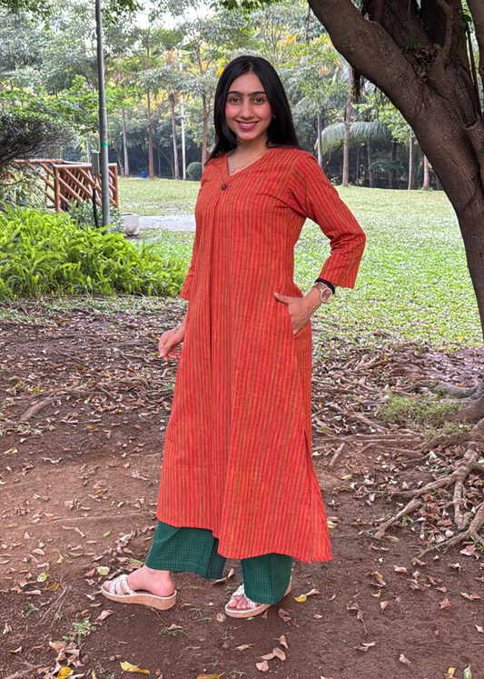 Handloom Striped Box Pleated Kurta Set
