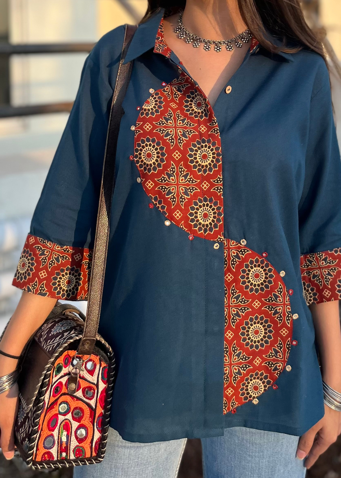 Dark Teal Semi-Circle Ajrakh Patchwork Fusion Shirt