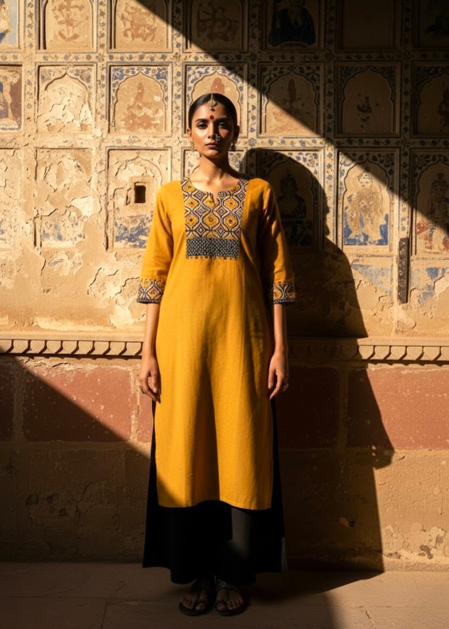 Mustard Straight Kurta with Handblock Printed Yoke