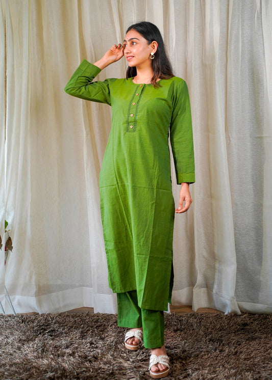 Olive Green Cotton Kurta Set with Indigo Handblock Printed Dupatta