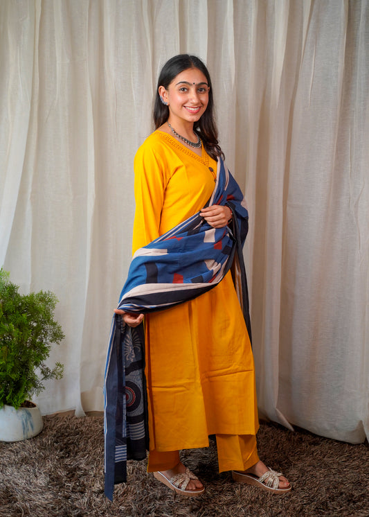 Solid Mustard Handcrafted Cotton Kurta Set with Ajrakh HandBlock Dupatta
