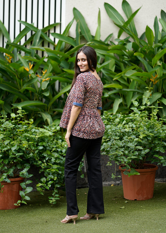 Handblock Kalamkari Cotton Short Top with Mirror Work