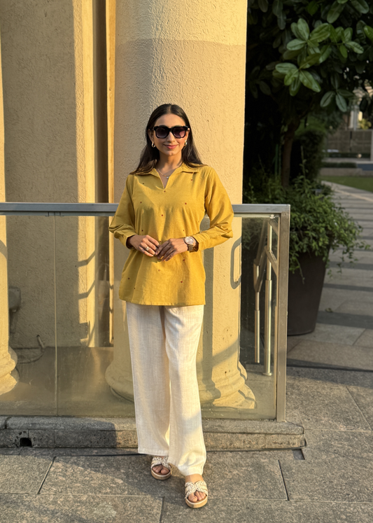 Mustard V-Neck Collared Shirt