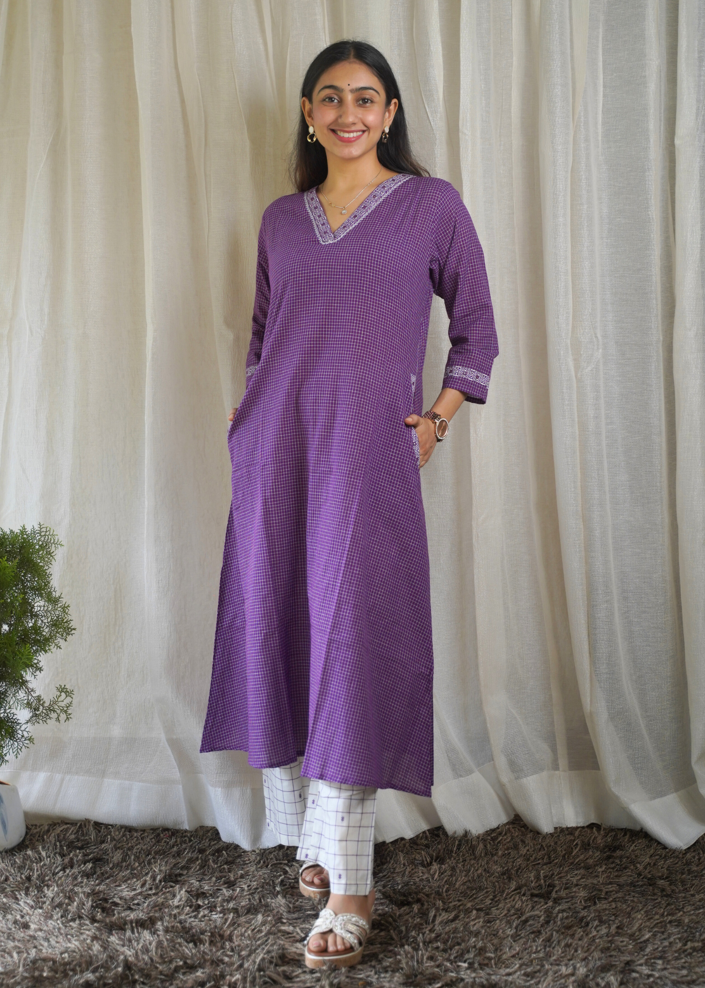 Lavendar Checkered A-line Kurta with White Grid Pant