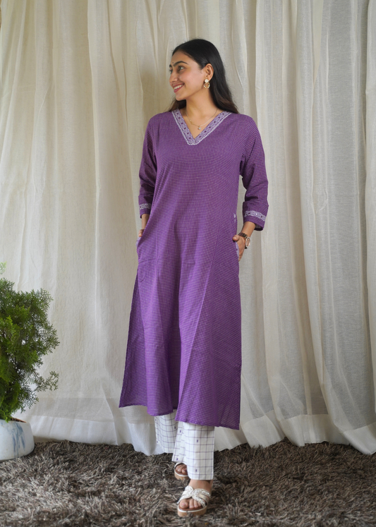 Lavendar Checkered A-line Kurta with White Grid Pant
