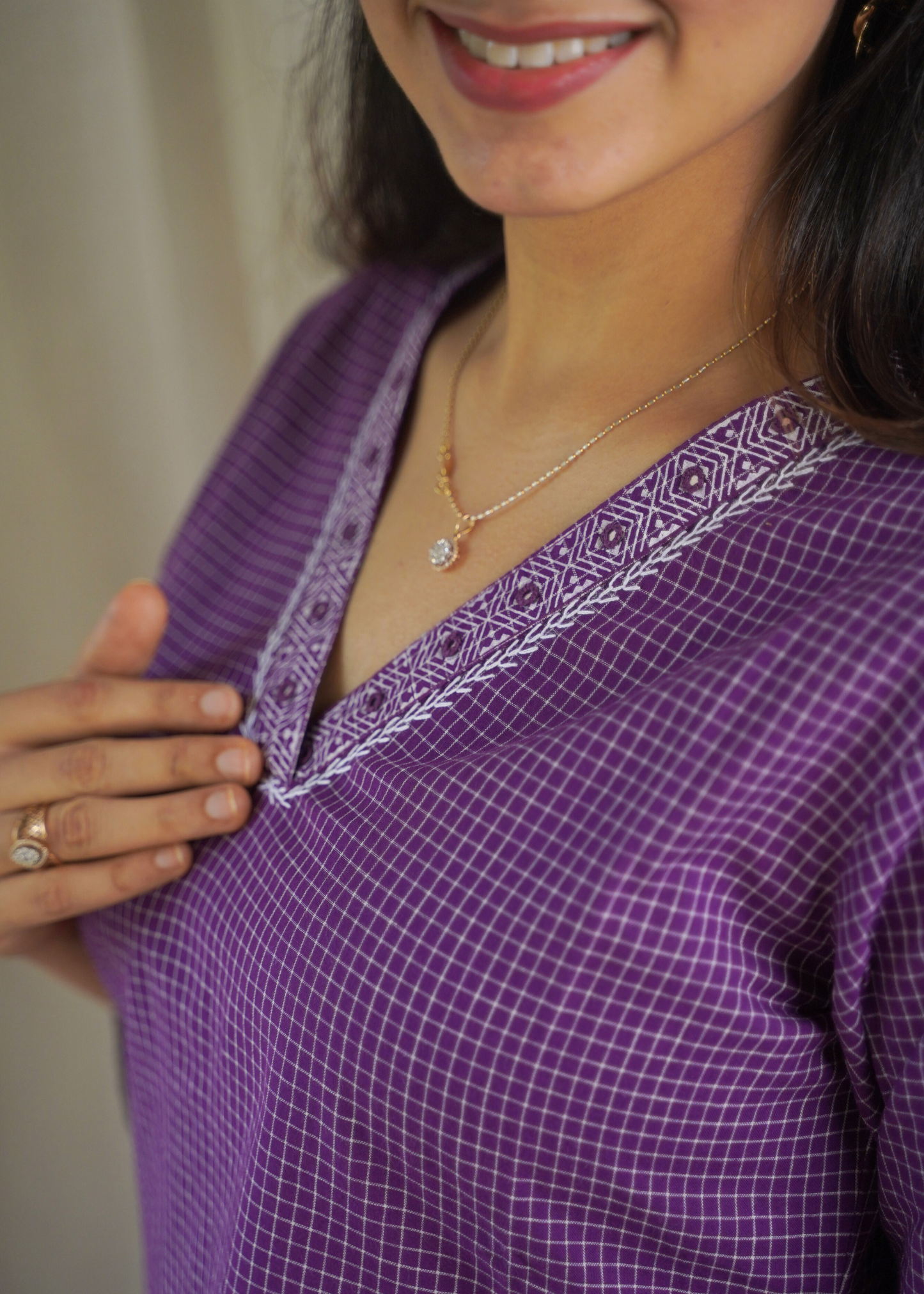 Lavendar Checkered A-line Kurta with White Grid Pant