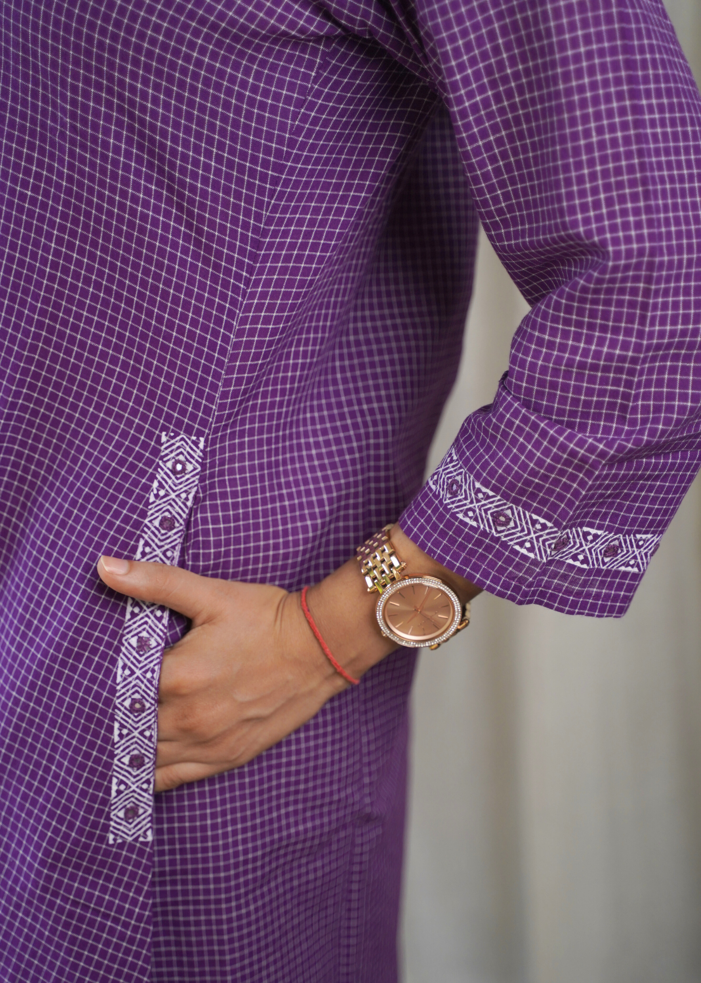 Lavendar Checkered A-line Kurta with White Grid Pant