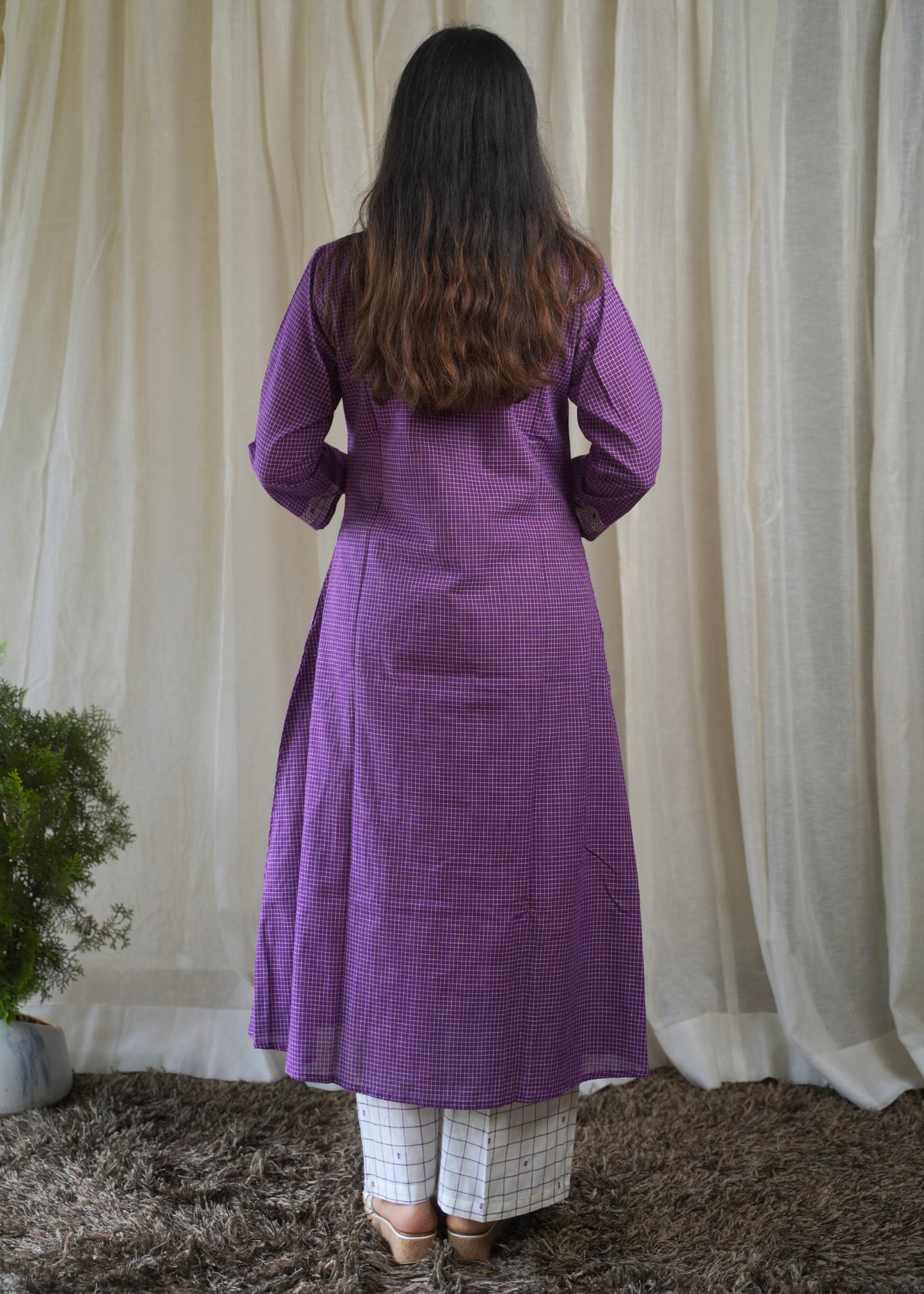 Lavendar Checkered A-line Kurta with White Grid Pant