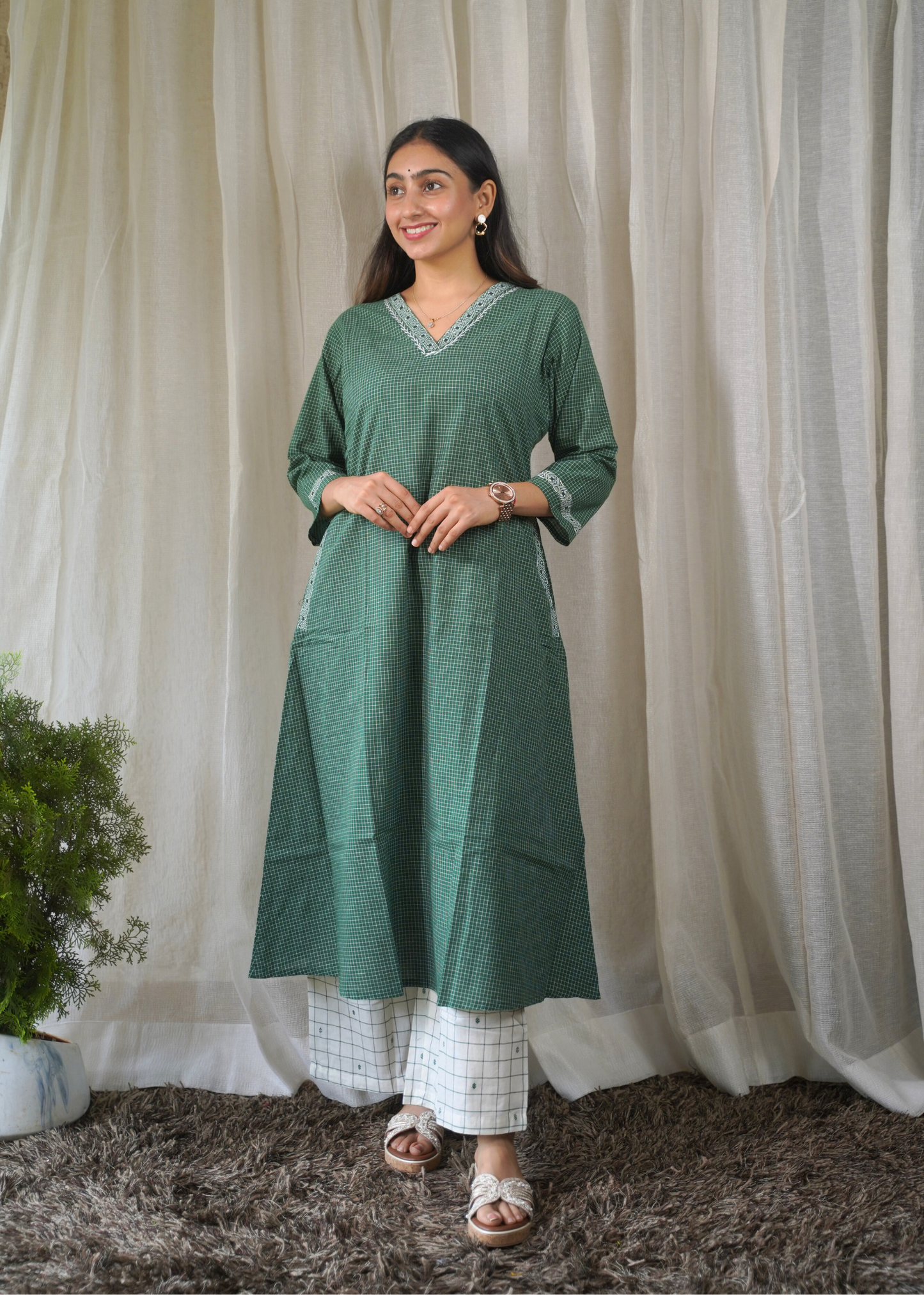 Emerald A-line Cotton Kurta with White Grid Pant
