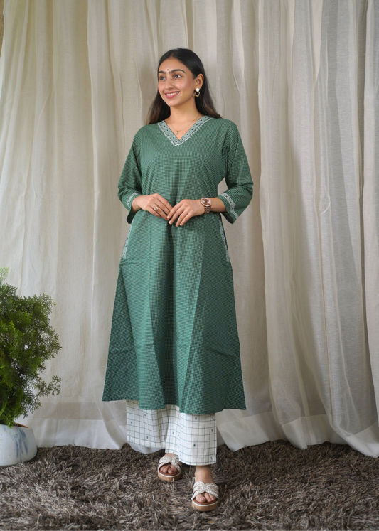 Emerald A-line Cotton Kurta with White Grid Pant