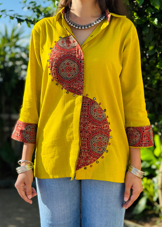 Mustard Yellow Semi-Circle Ajrakh Patchwork Fusion Shirt