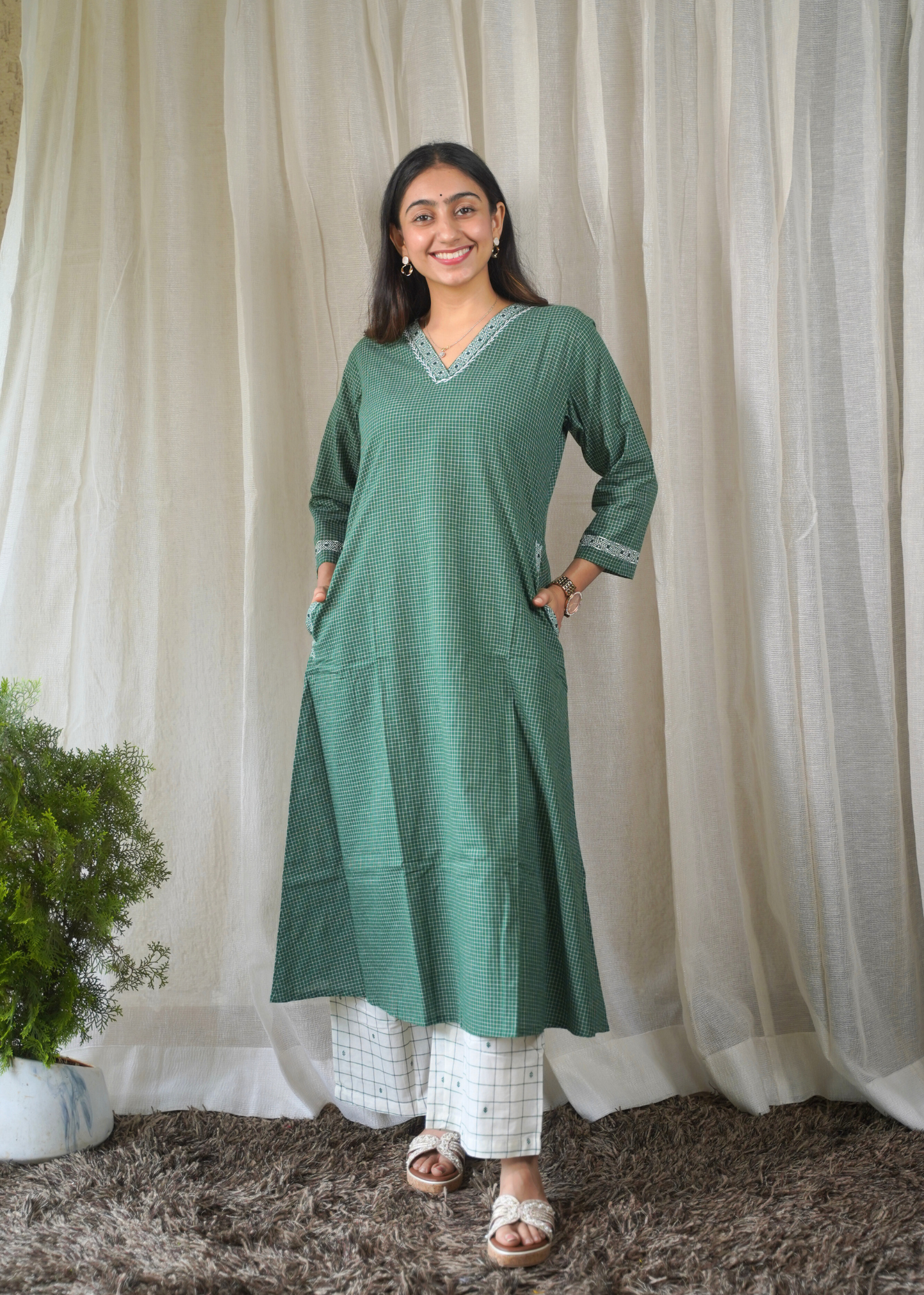 Emerald A-line Cotton Kurta with White Grid Pant