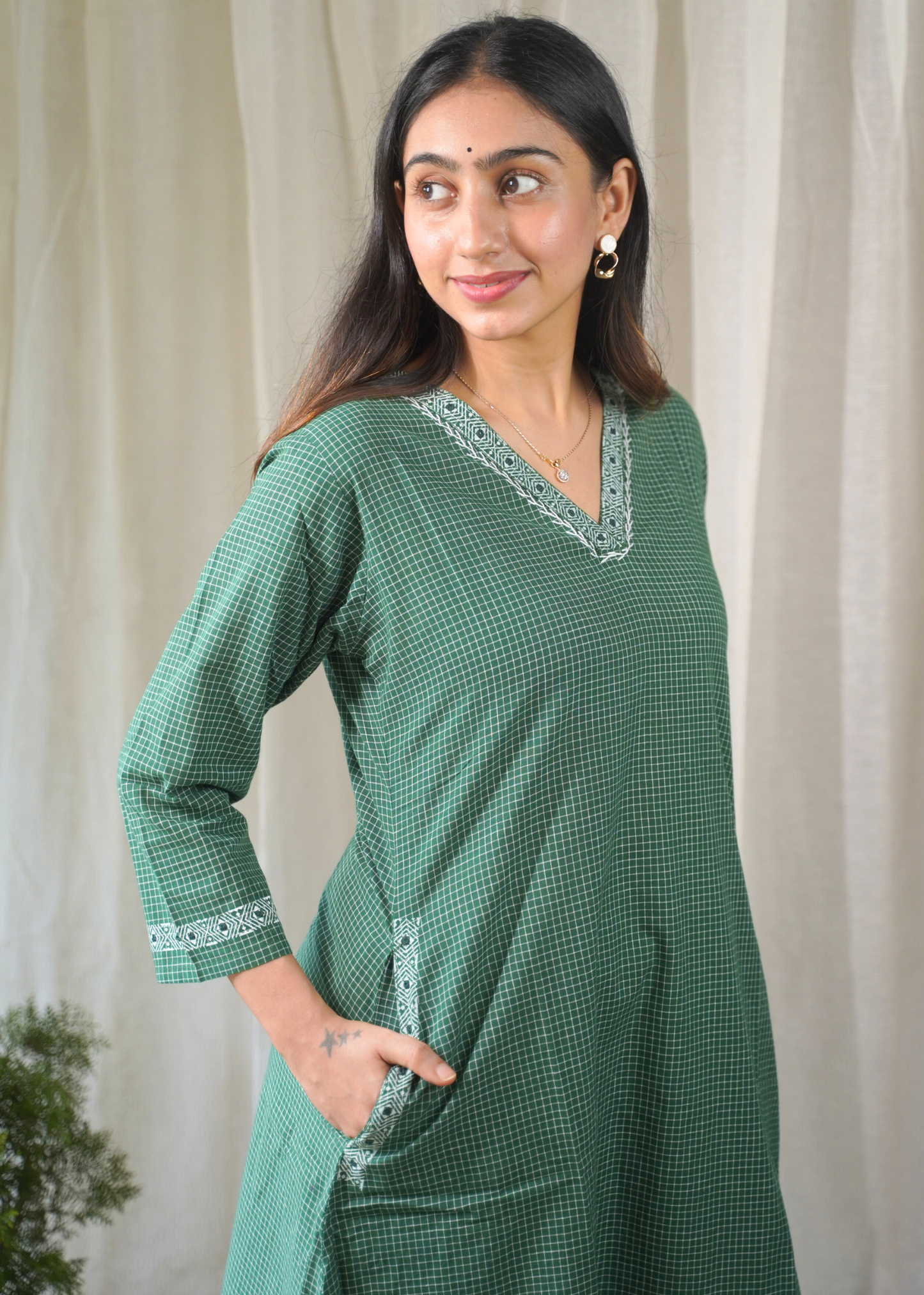 Emerald A-line Cotton Kurta with White Grid Pant