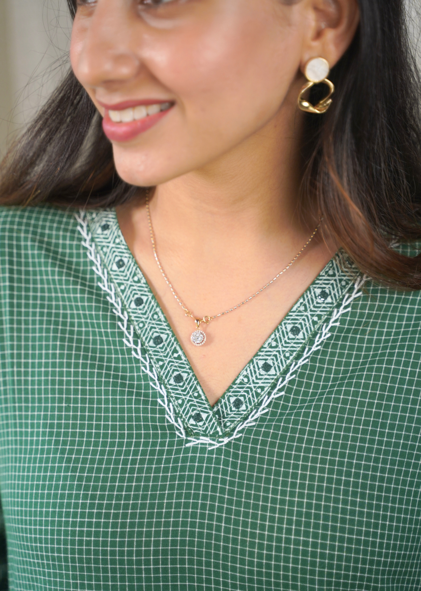 Emerald A-line Cotton Kurta with White Grid Pant
