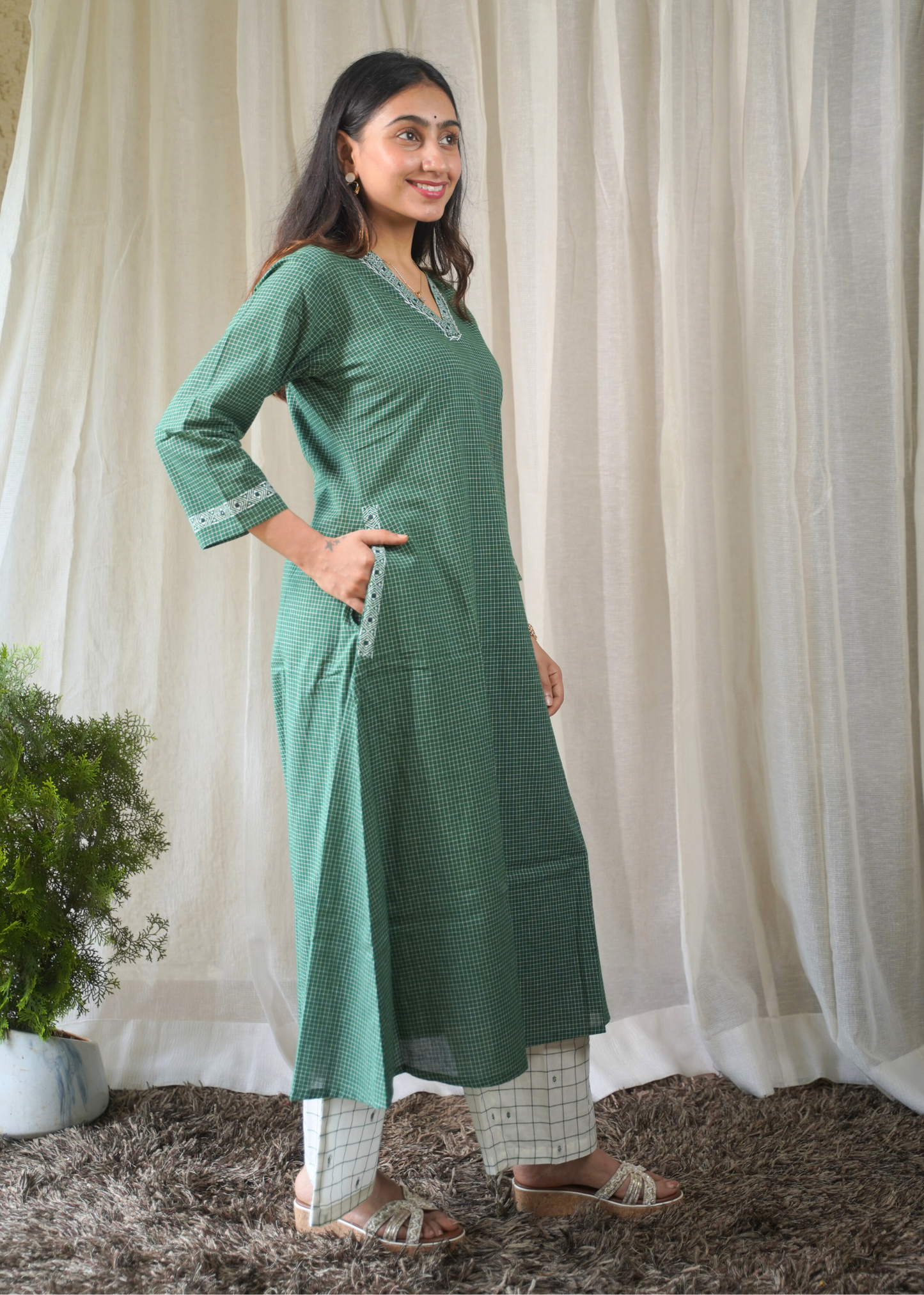 Emerald A-line Cotton Kurta with White Grid Pant