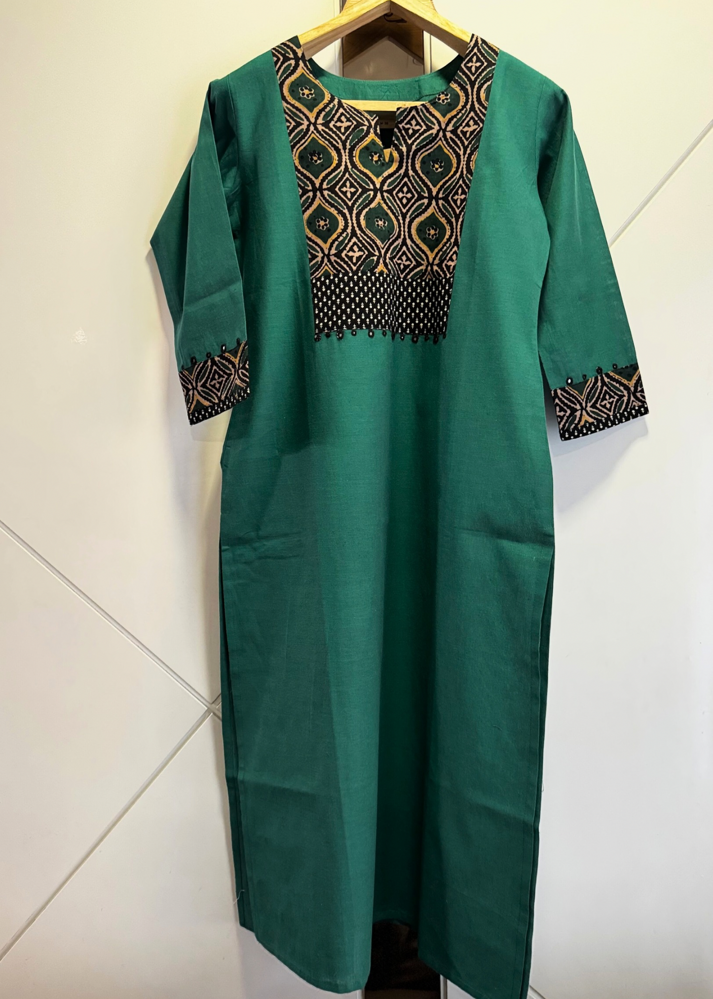 Green Straight Kurta with Handblock Printed Yoke