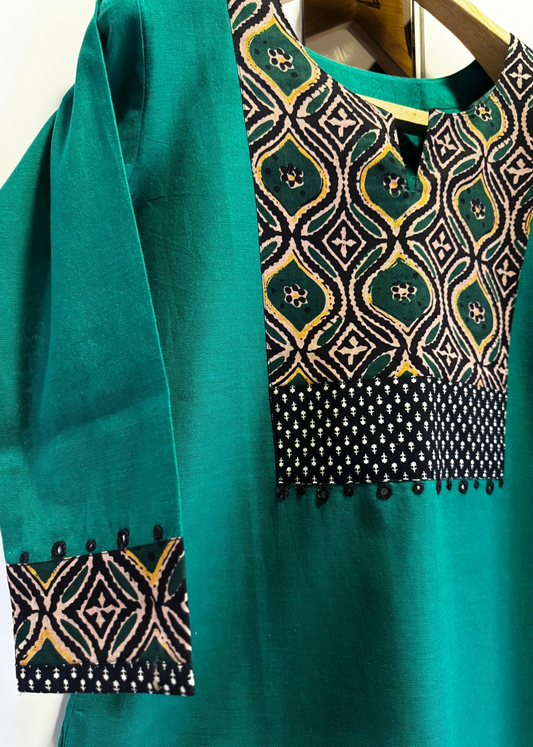 Green Straight Kurta with Handblock Printed Yoke
