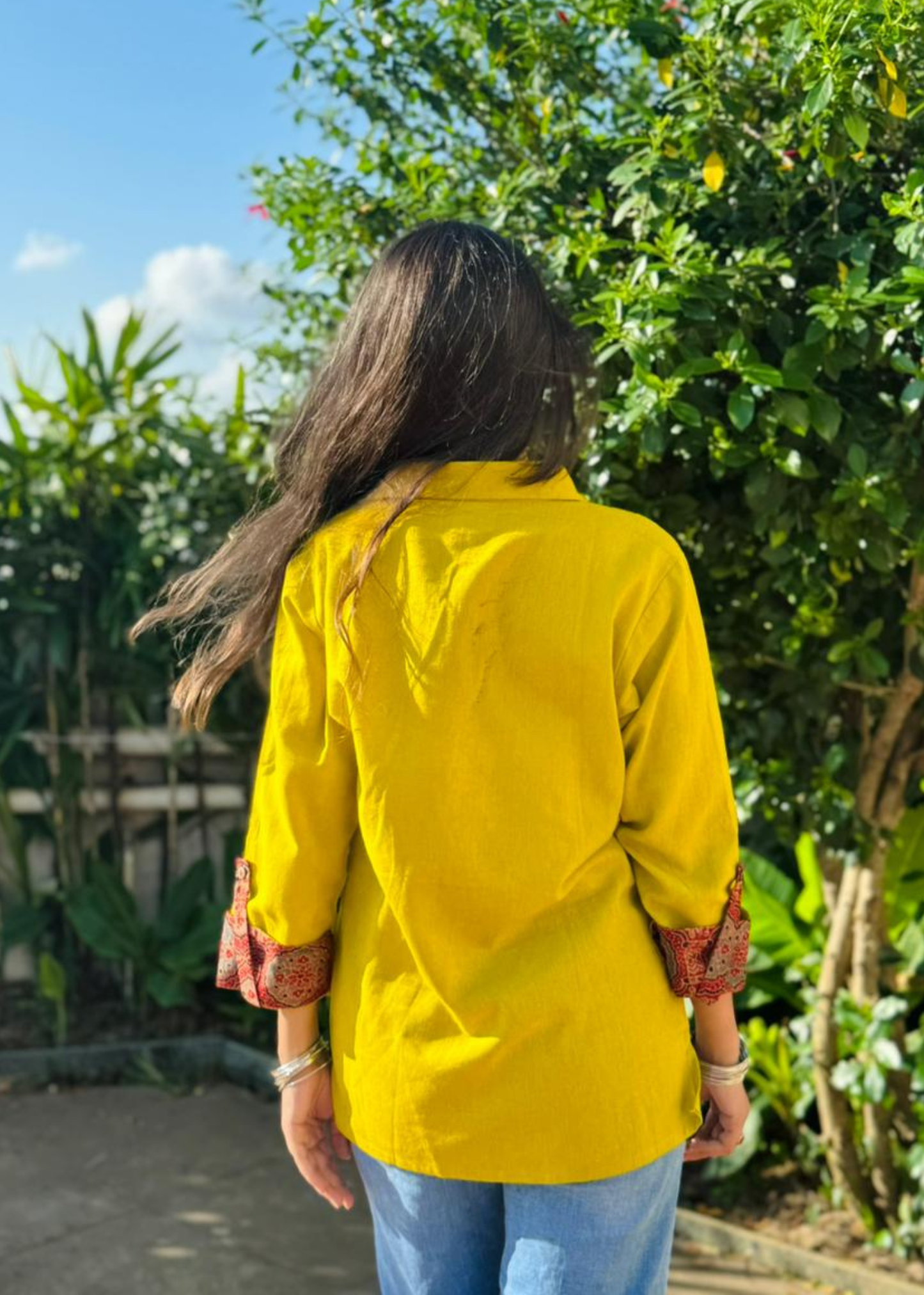 Mustard Yellow Semi-Circle Ajrakh Patchwork Fusion Shirt