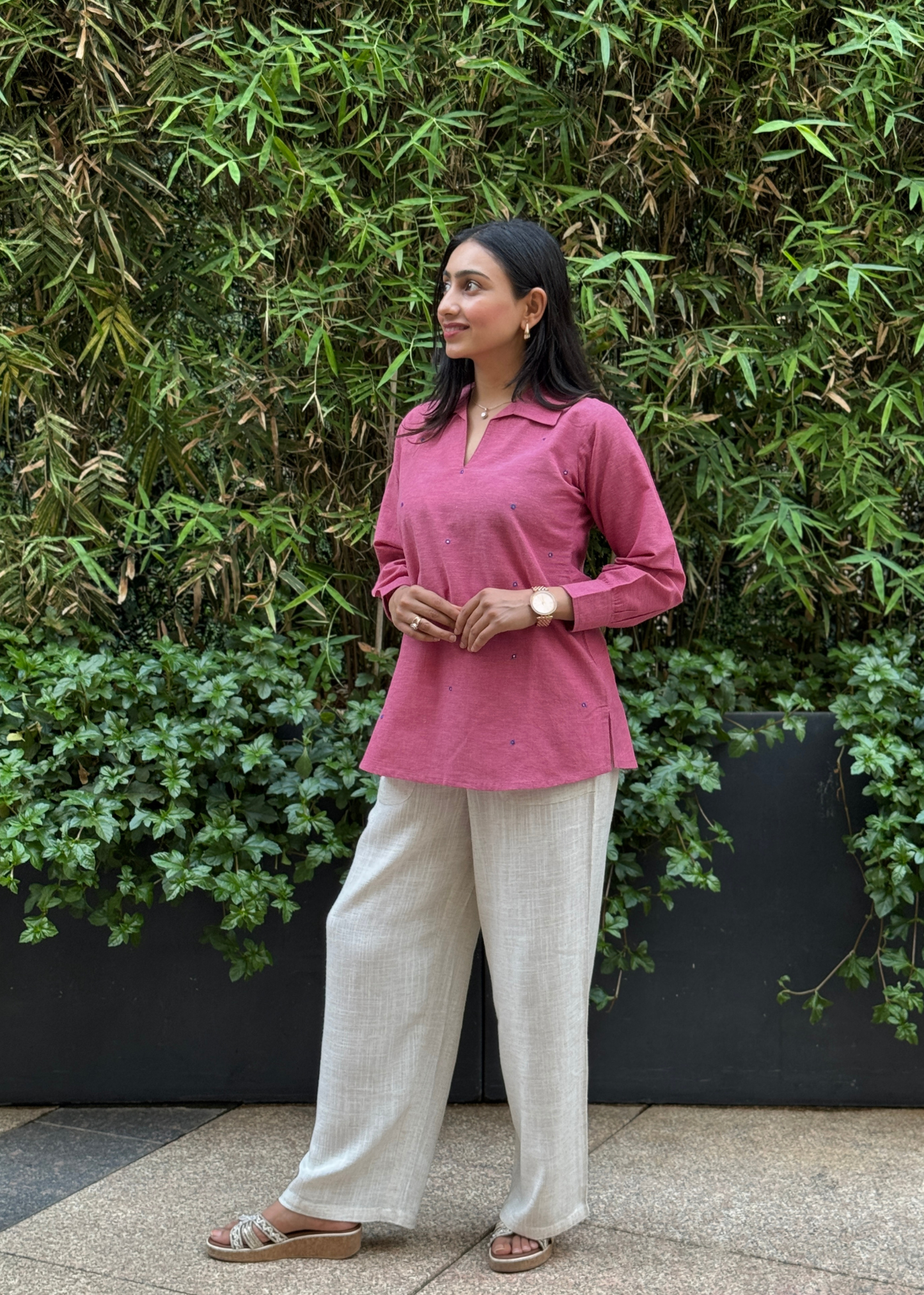 Rose Pink V-Neck Collar Shirt