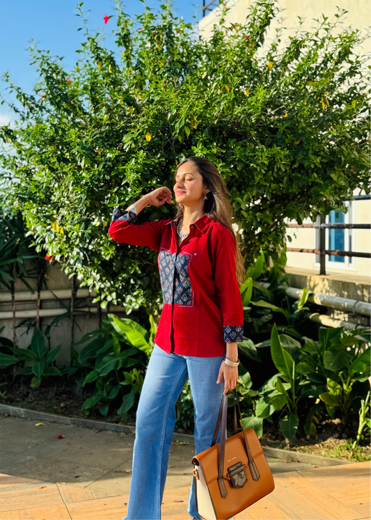 Ruby Red with Square Patchwork Ajrakh Handblock Fusion Shirt