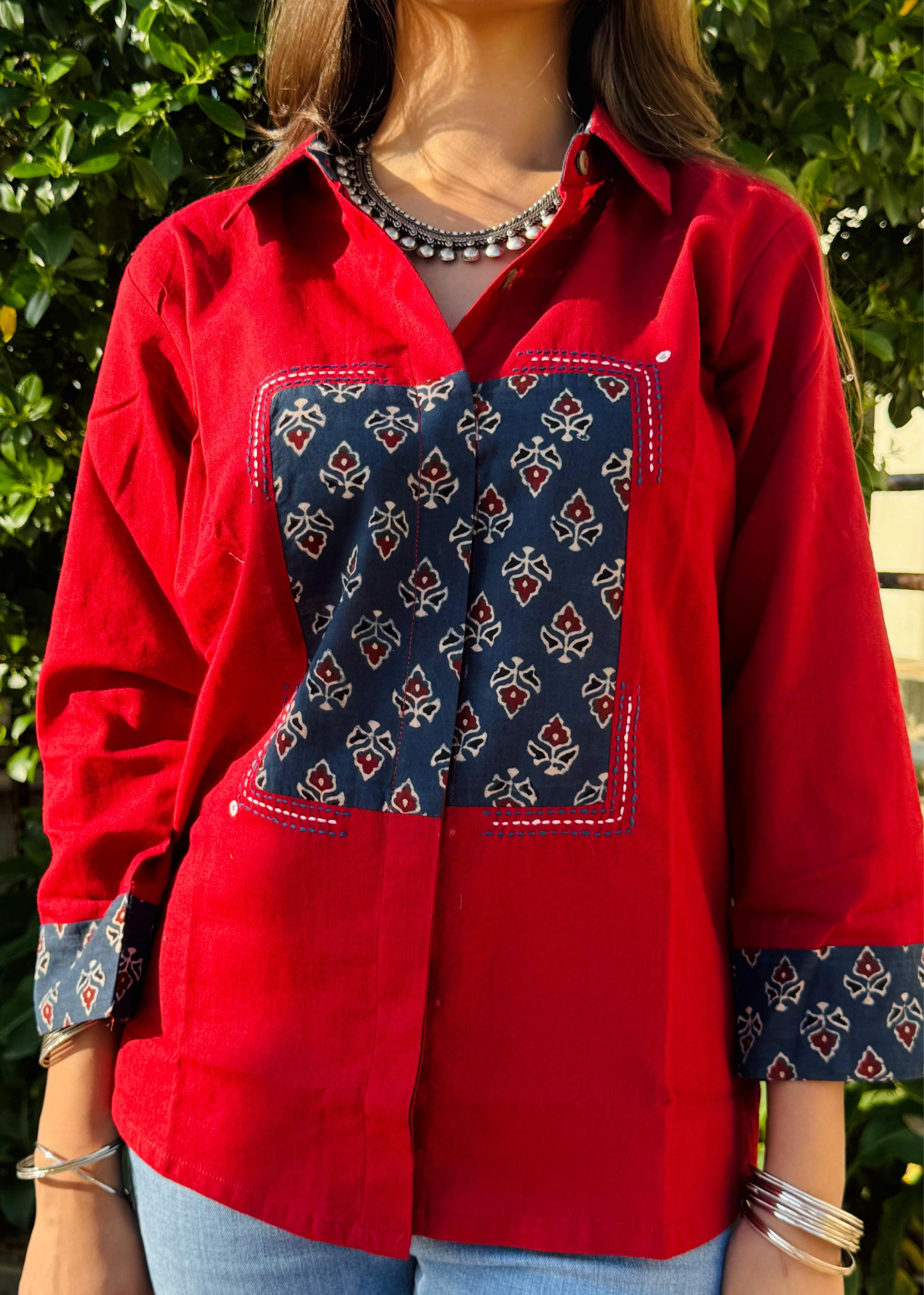 Ruby Red with Square Patchwork Ajrakh Handblock Fusion Shirt