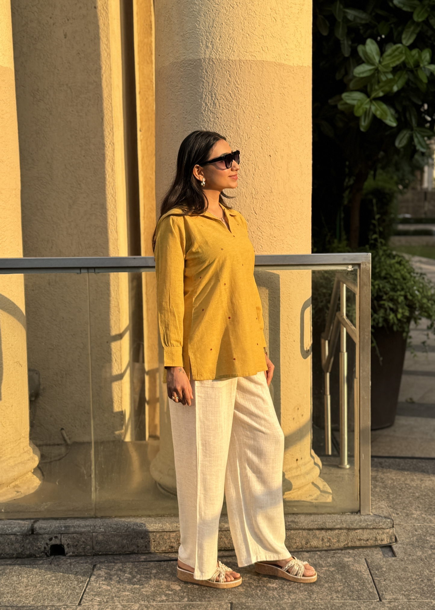 Mustard V-Neck Collared Shirt