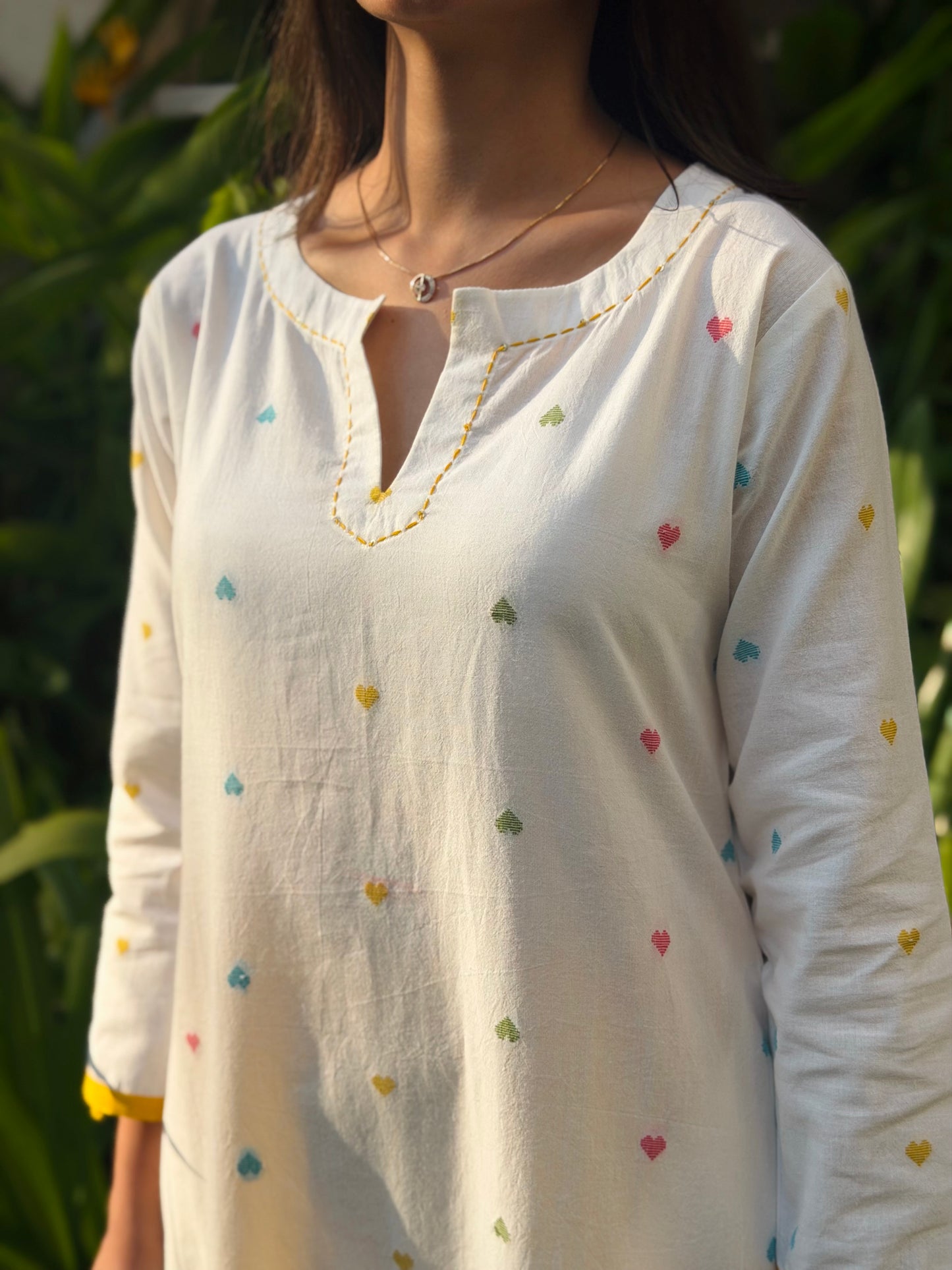 Heart Printed A-Line handloom Kurta with Mustard Pants