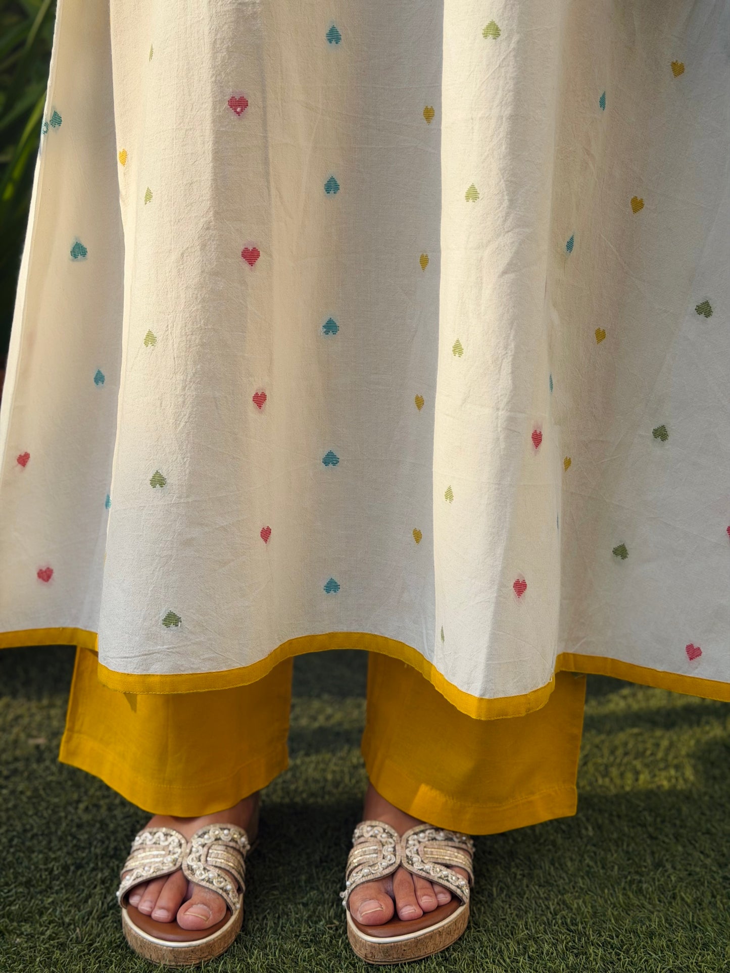 Heart Printed A-Line handloom Kurta with Mustard Pants
