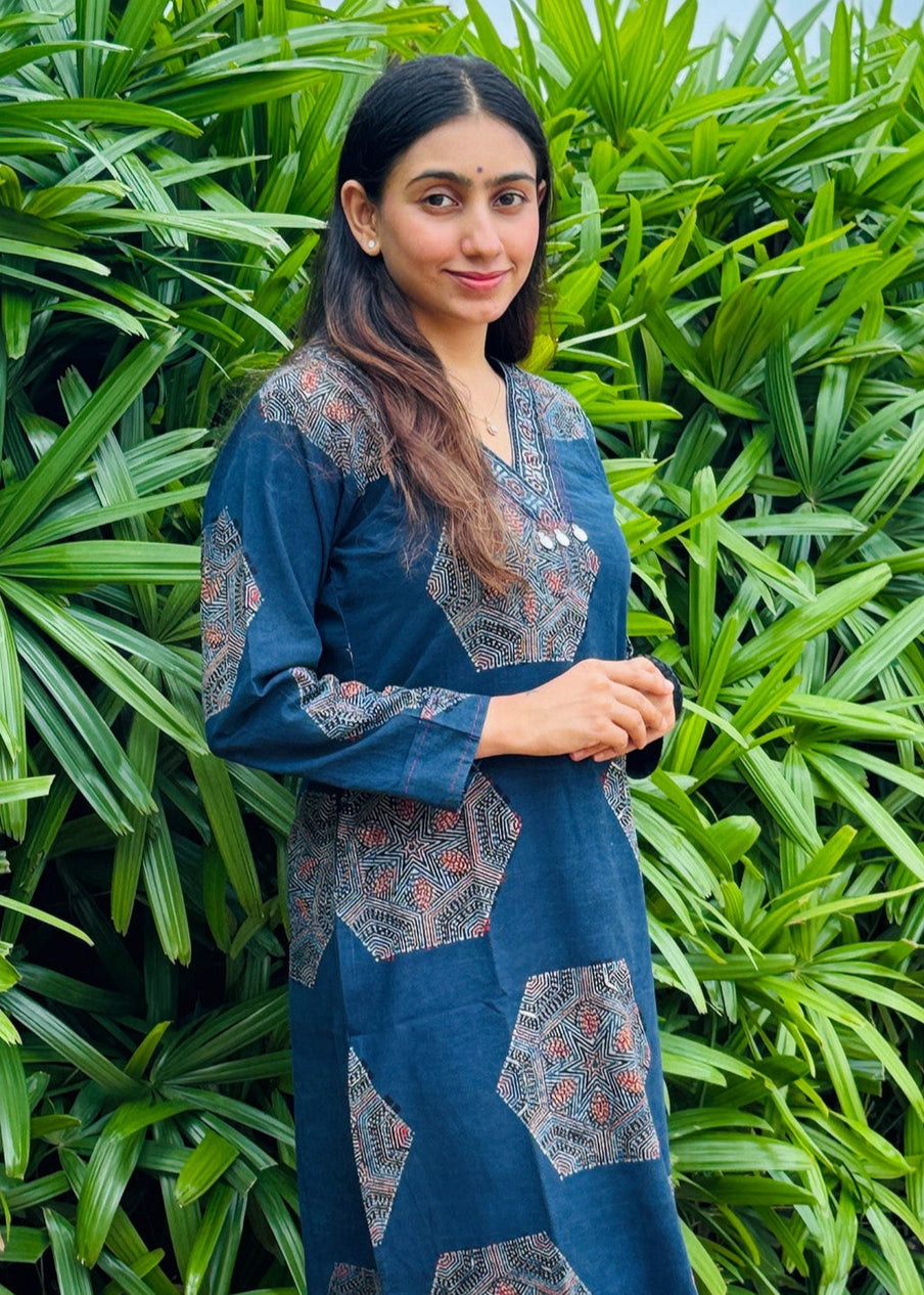Indigo Straight Kurta with Hexa Ajrakh Motifs
