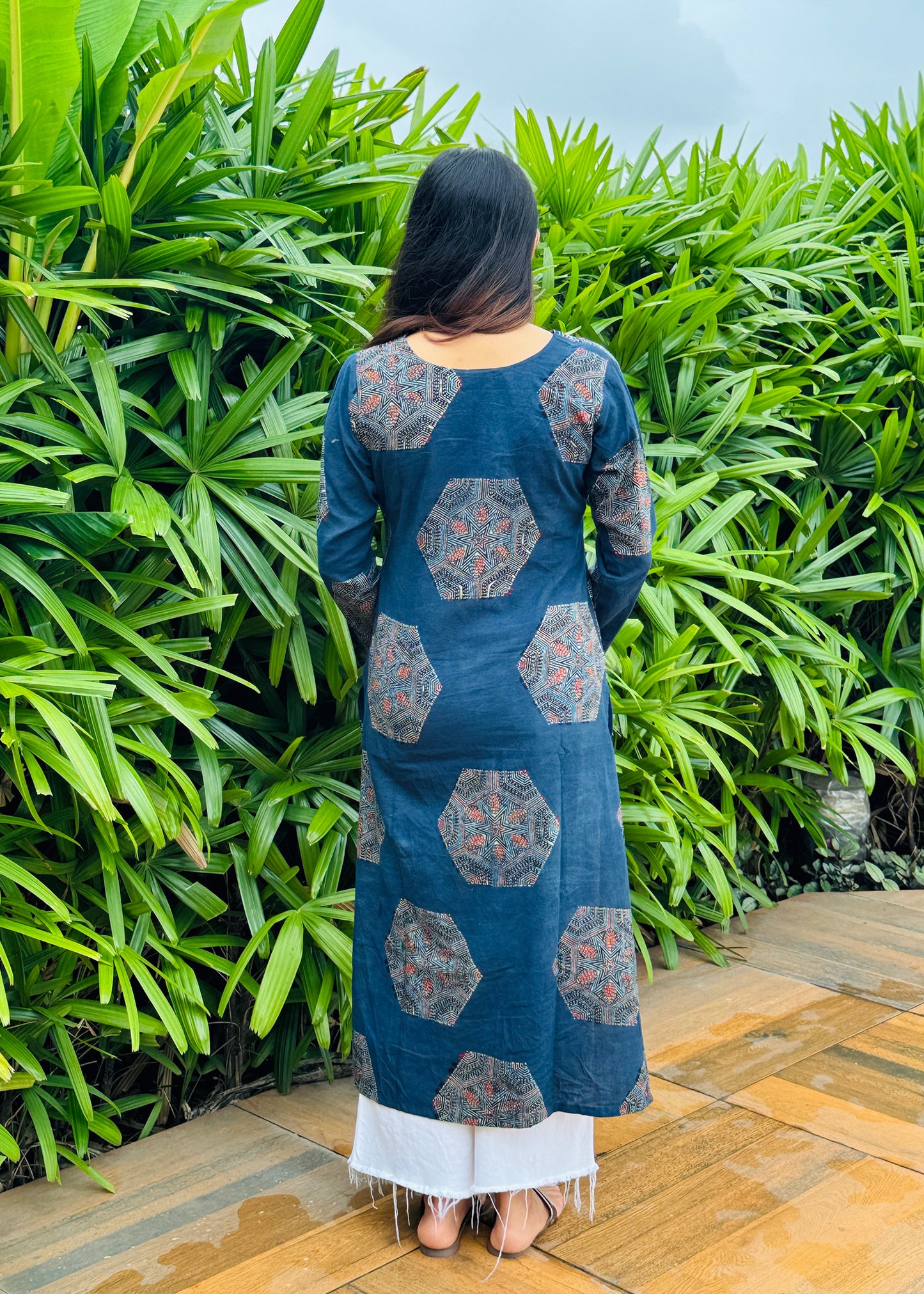 Indigo Straight Kurta with Hexa Ajrakh Motifs