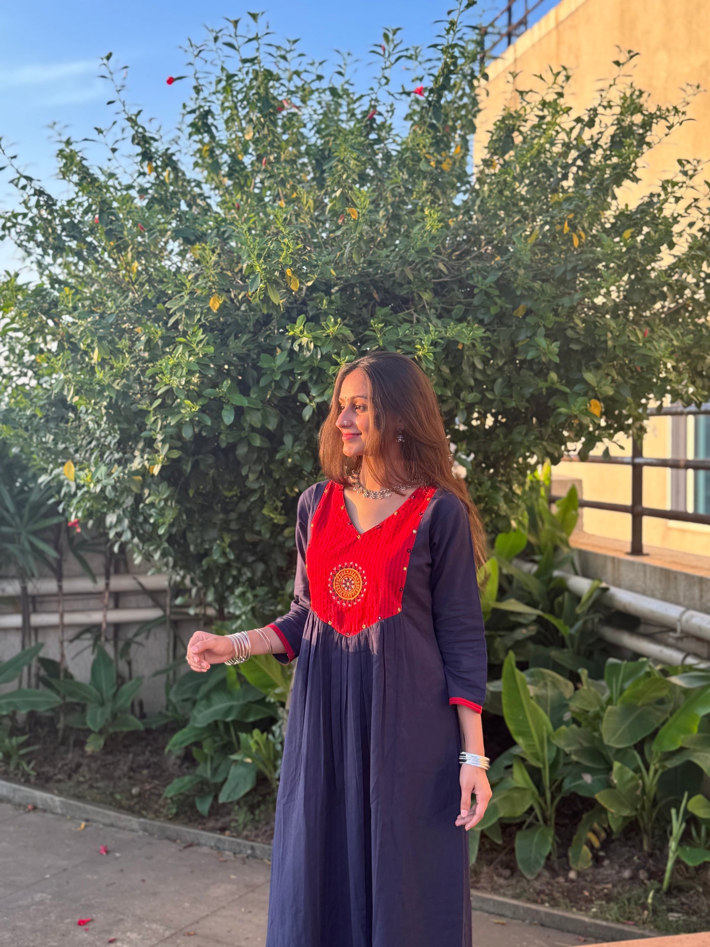 Classic Navy Blue Coordset with Red Patch Handwork