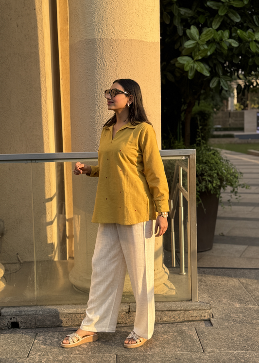 Mustard V-Neck Collared Shirt