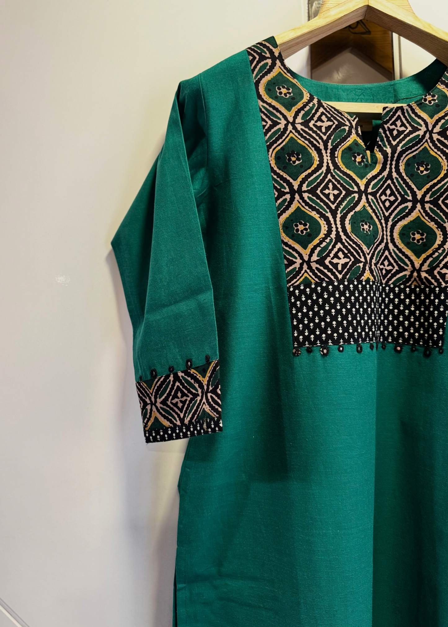 Green Straight Kurta with Handblock Printed Yoke