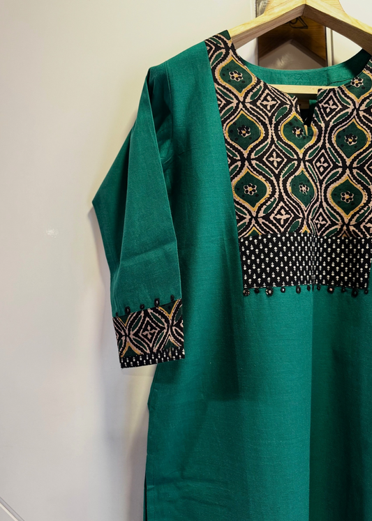 Green Straight Kurta with Handblock Printed Yoke