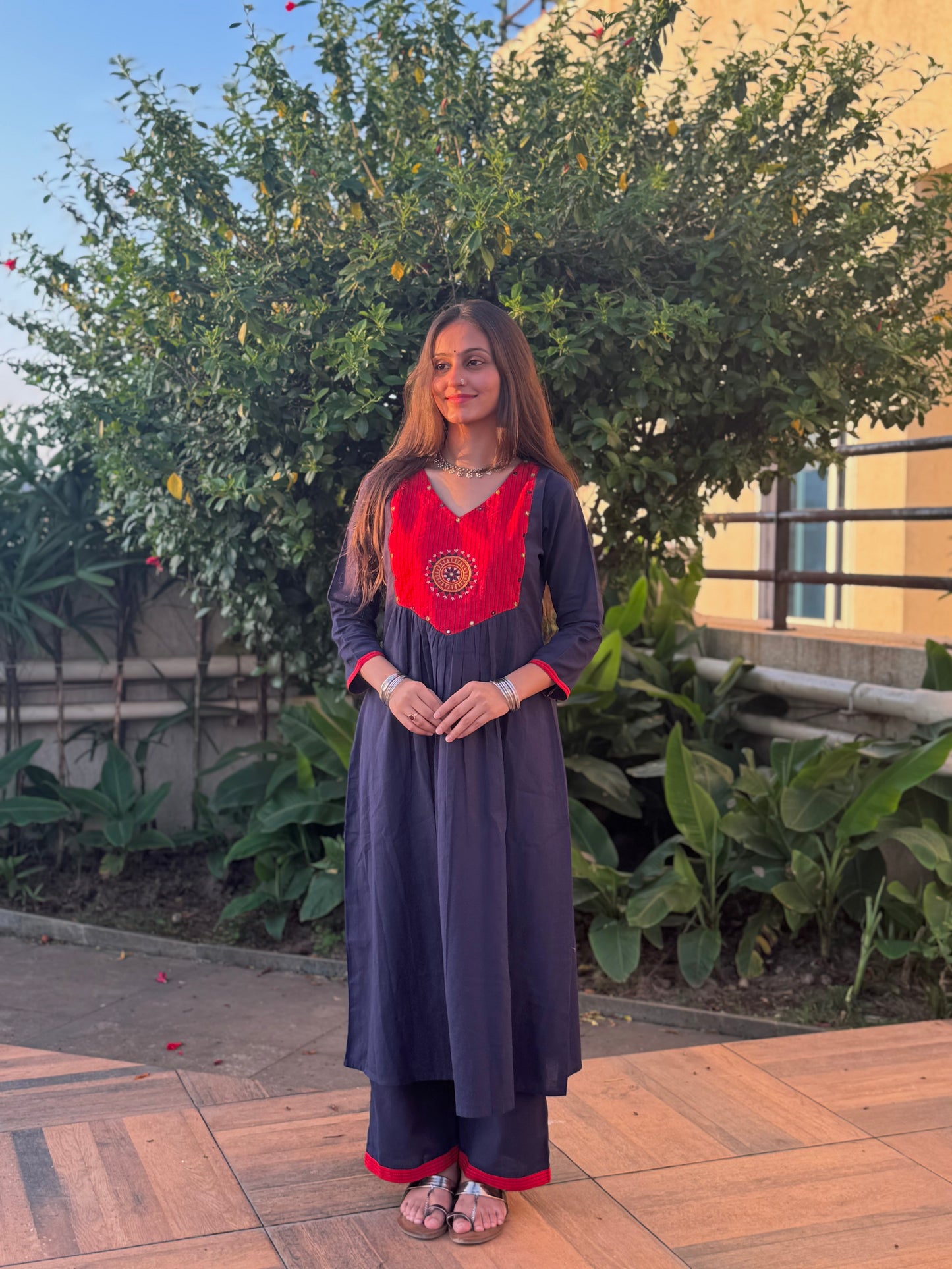 Classic Navy Blue Coordset with Red Patch Handwork