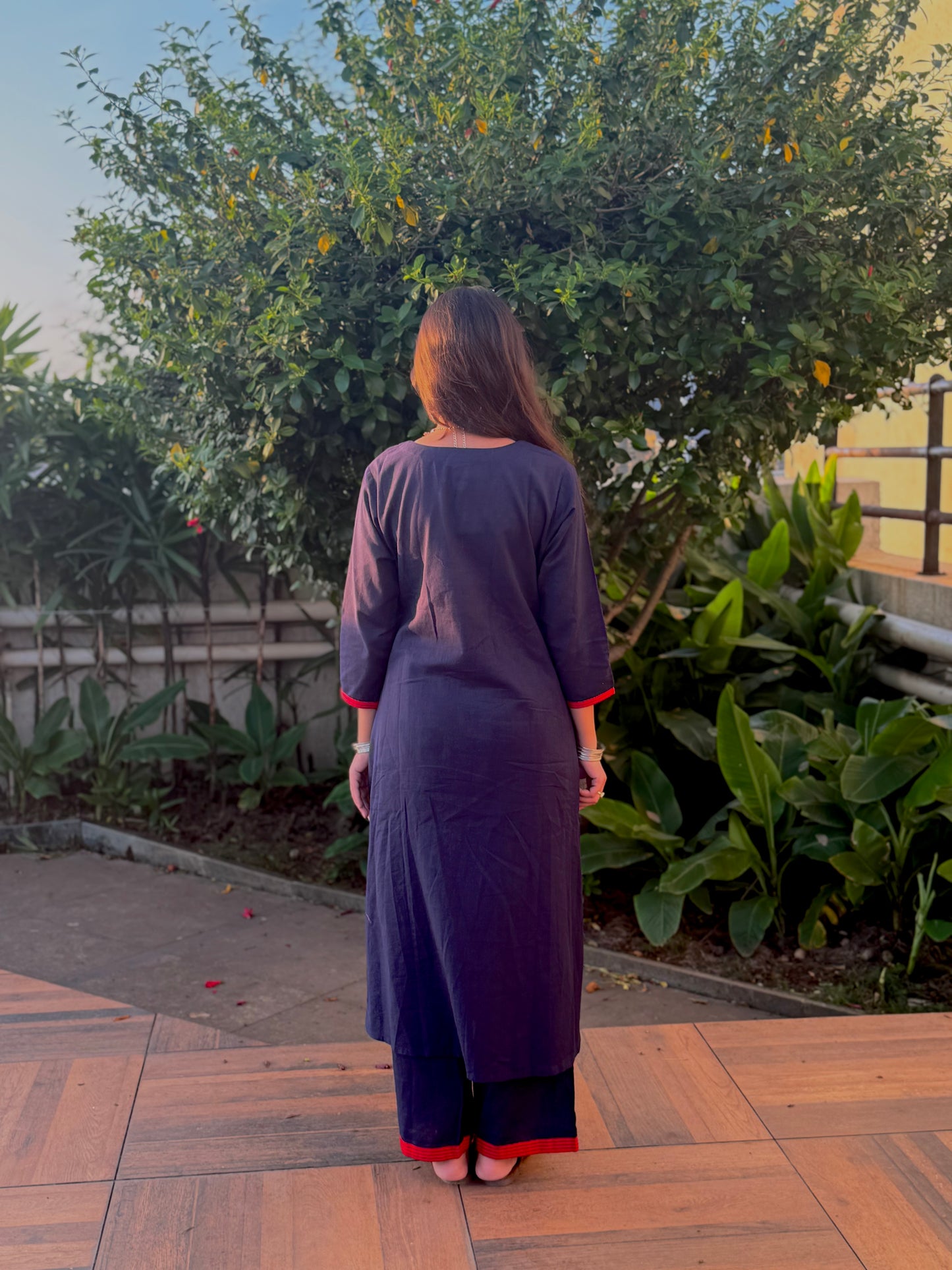 Classic Navy Blue Coordset with Red Patch Handwork