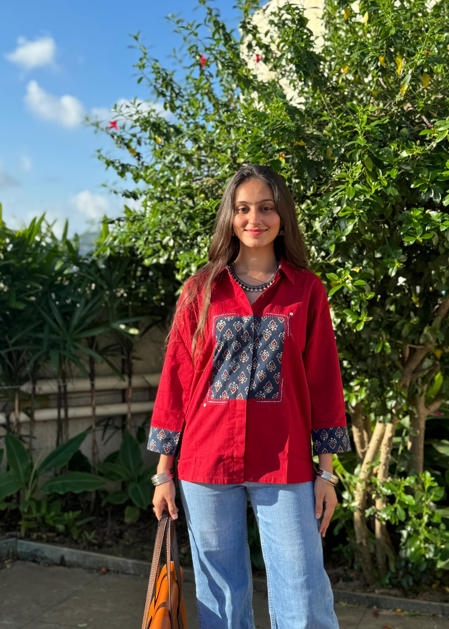 Ruby Red with Square Patchwork Ajrakh Handblock Fusion Shirt