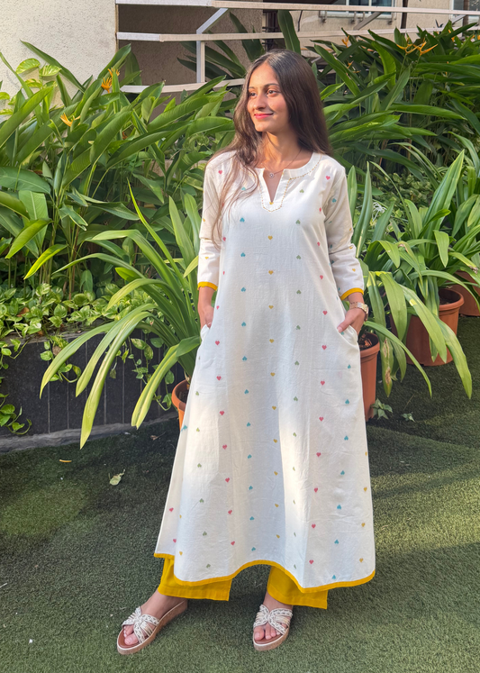 Heart Printed A-Line handloom Kurta with Mustard Pants