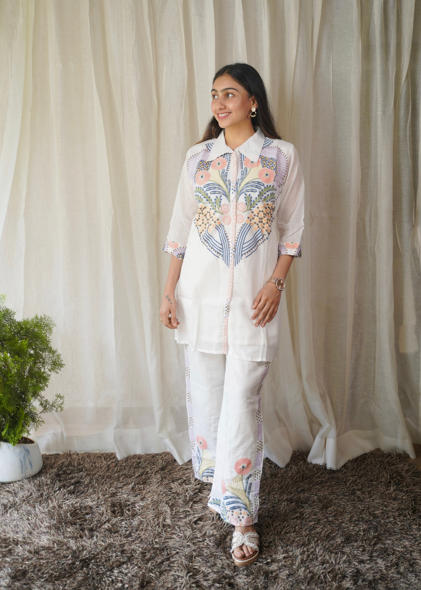 Pastel Bloom Embroidered Cotton Coord Set