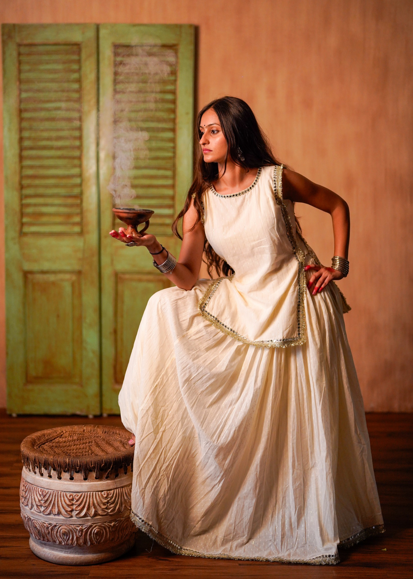 Ivory Mulmul Cotton Ghaghra Set of 2