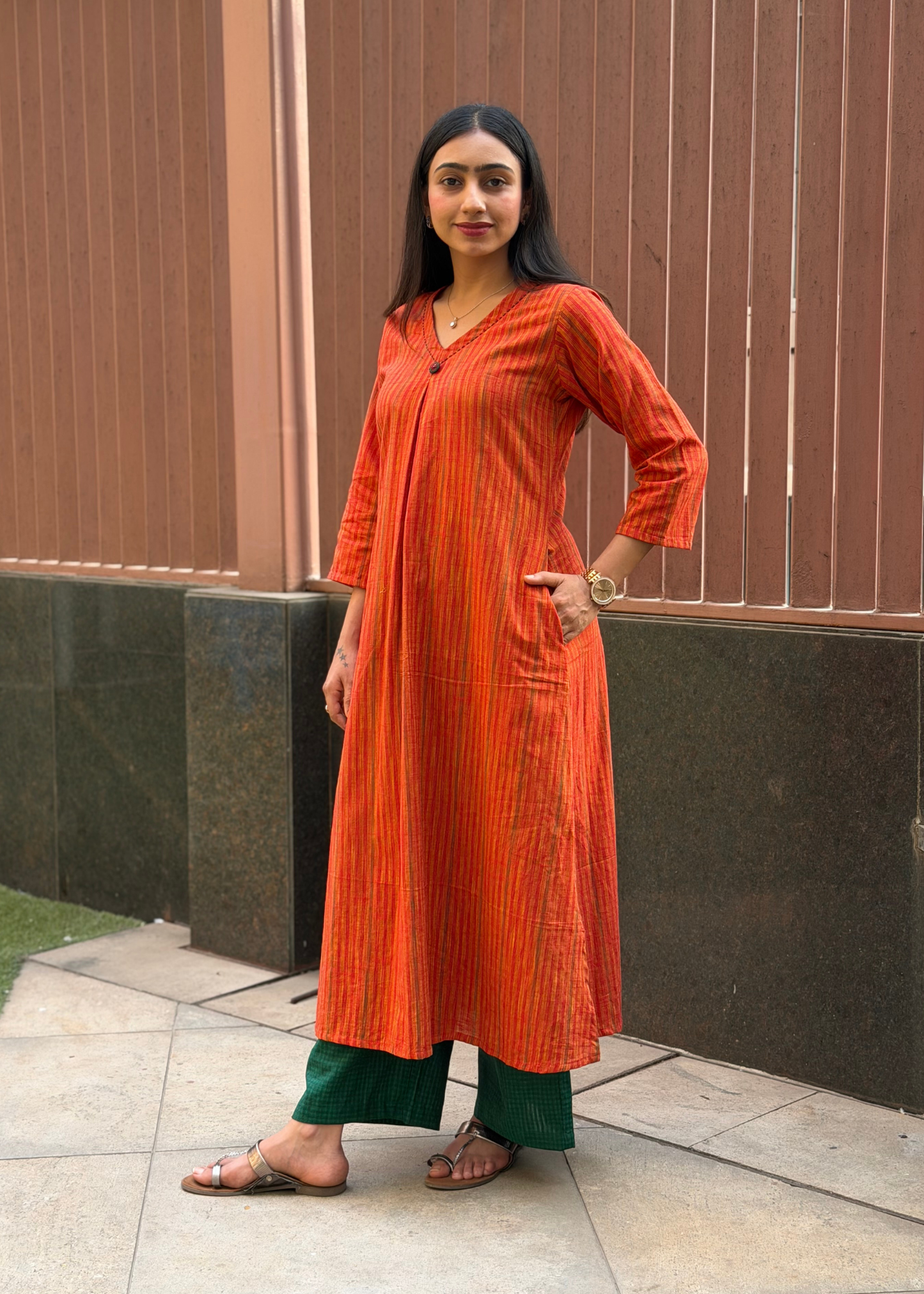 Handloom Striped Box Pleated Kurta Set