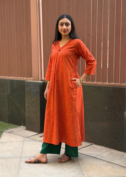 Handloom Striped Box Pleated Kurta Set
