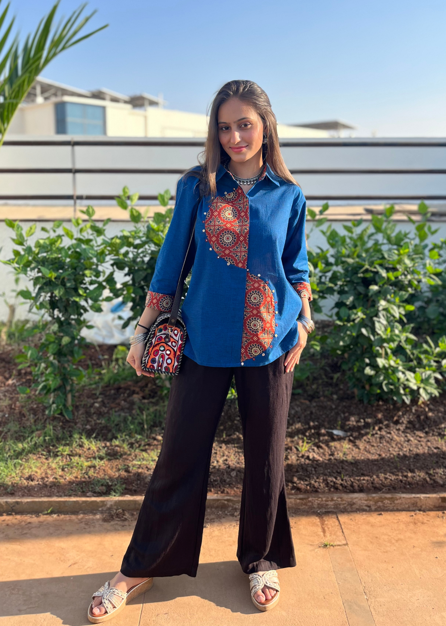 Navy Blue Semi-Circle Ajrakh Patchwork Fusion Shirt