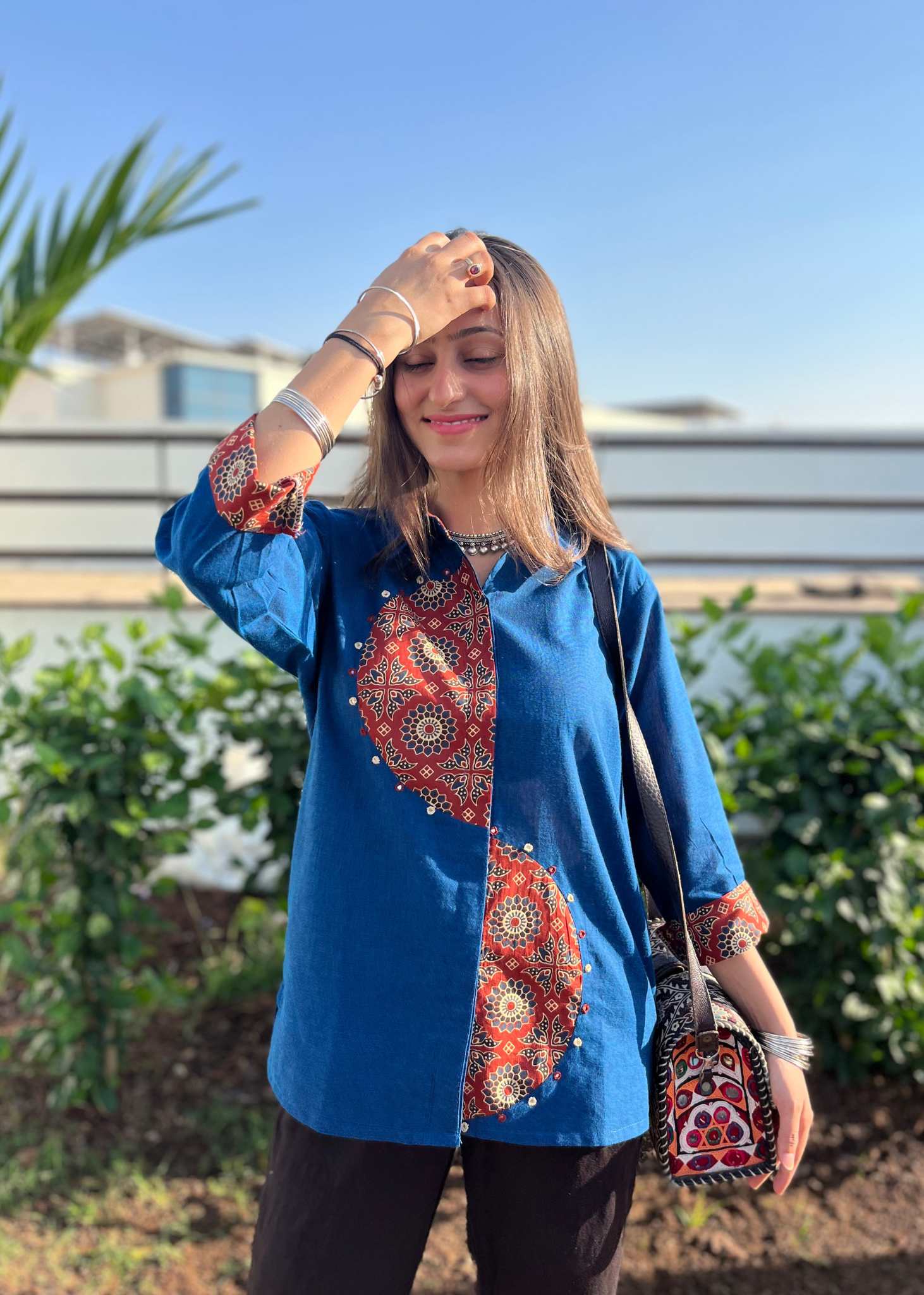 Navy Blue Semi-Circle Ajrakh Patchwork Fusion Shirt