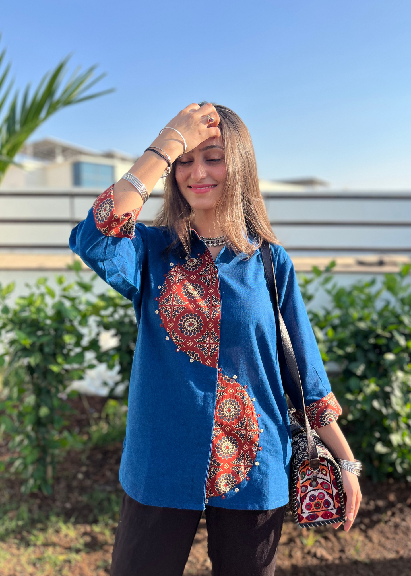 Navy Blue Semi-Circle Ajrakh Patchwork Fusion Shirt