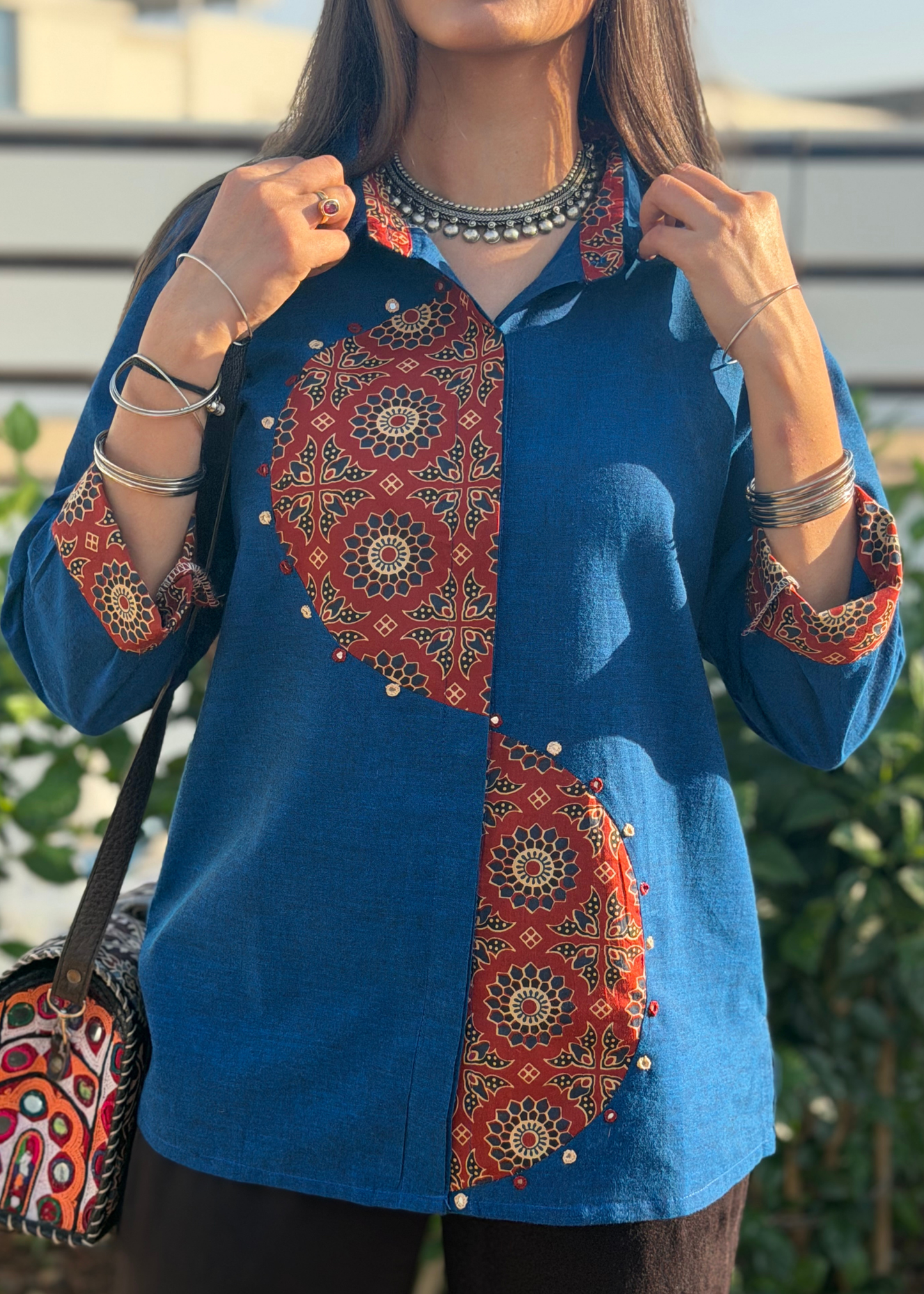 Navy Blue Semi-Circle Ajrakh Patchwork Fusion Shirt